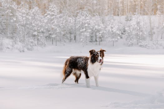 Border Collie dog standing in a serene snowy forest during winter.